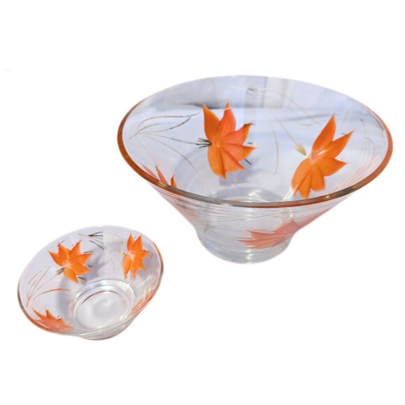 Vintage Other - Vintage 1970s MCM Chip & Dip Bowl Set Painted Orange Flowers Gold Trim Glass